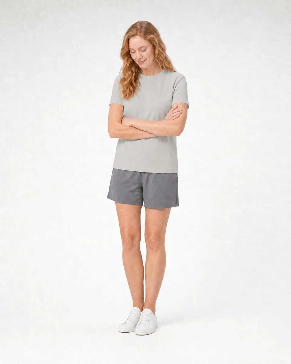StringKing Women's Pima Terry Tee - Sharp Fit, Moonstruck, Full Front Angle - Human Model