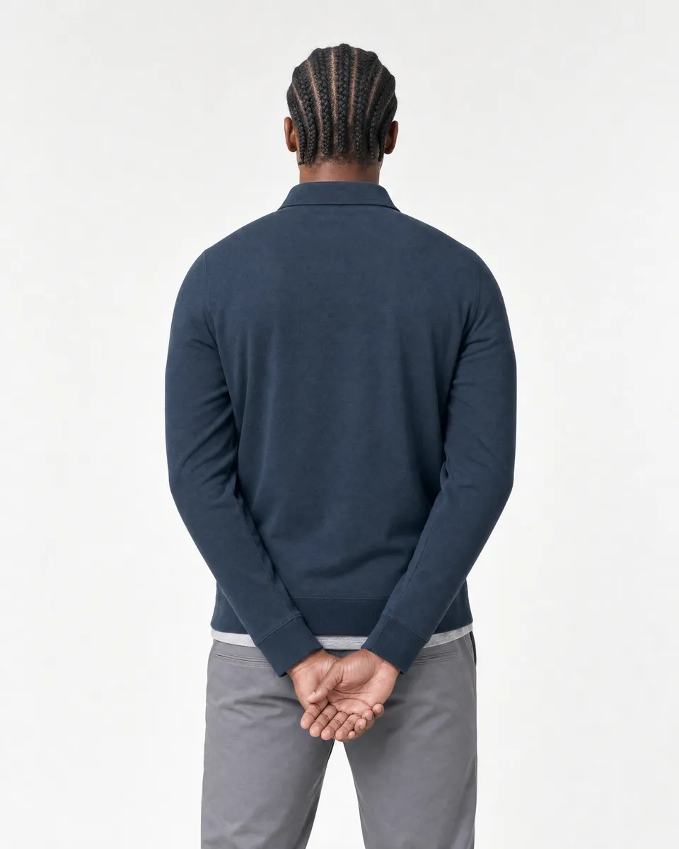 StringKing Men's Pima Terry Long Sleeve Polo - Relaxed Fit, Navy, Full Back - Human Model - Top of head to Mid-thigh