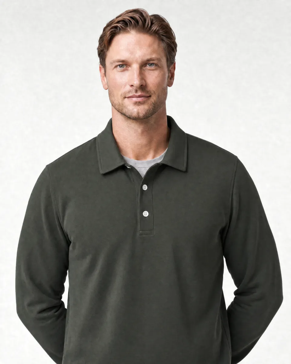 StringKing Men's Pima Terry Long Sleeve Polo - Sharp Fit, Moss, Collar Shoulder - Human Model