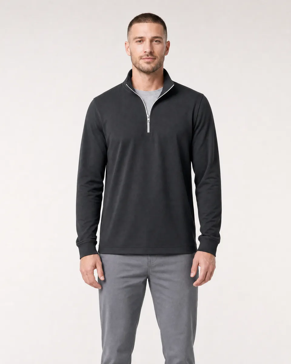 StringKing Men's StayWarm Quarter Zip - Relaxed Fit, Black, Full Front - Human Model - Top of head to Knees
