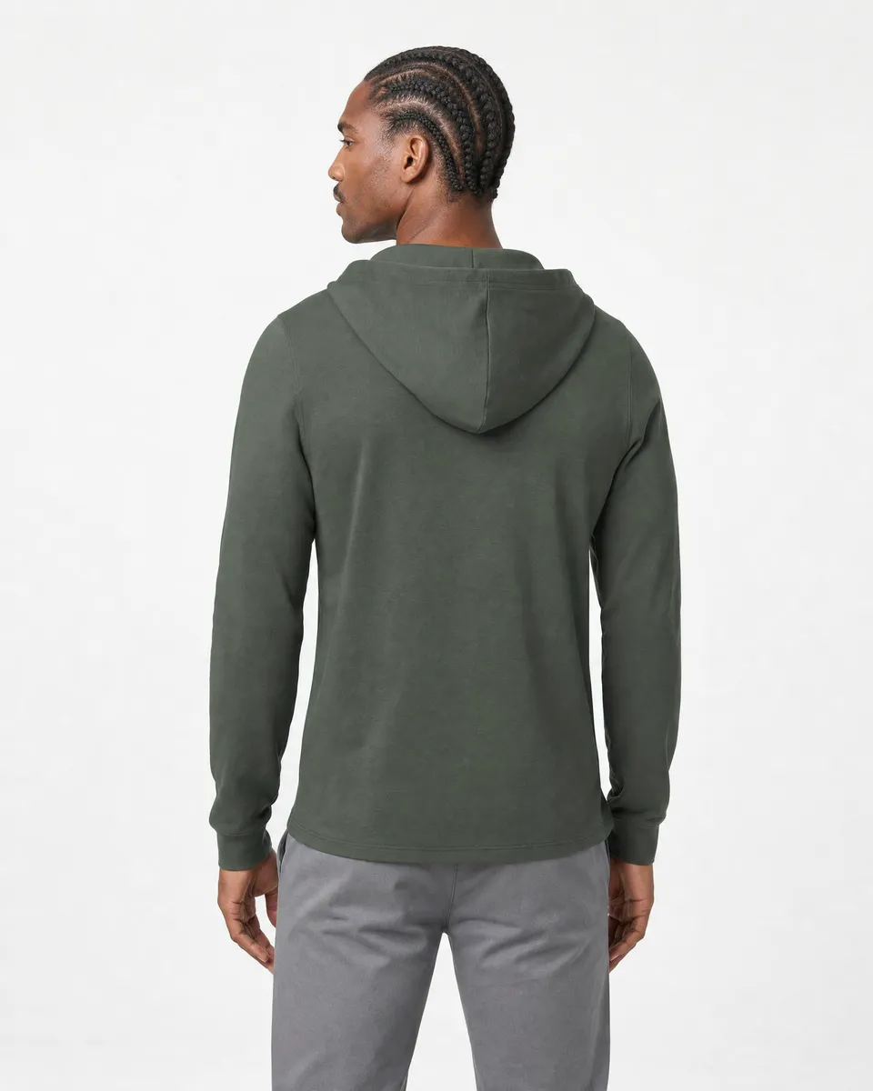 StringKing Men's Pima Jersey Hoodie - Sharp Fit, Moss, Full Back - Human Model - Top of head to Mid-thigh