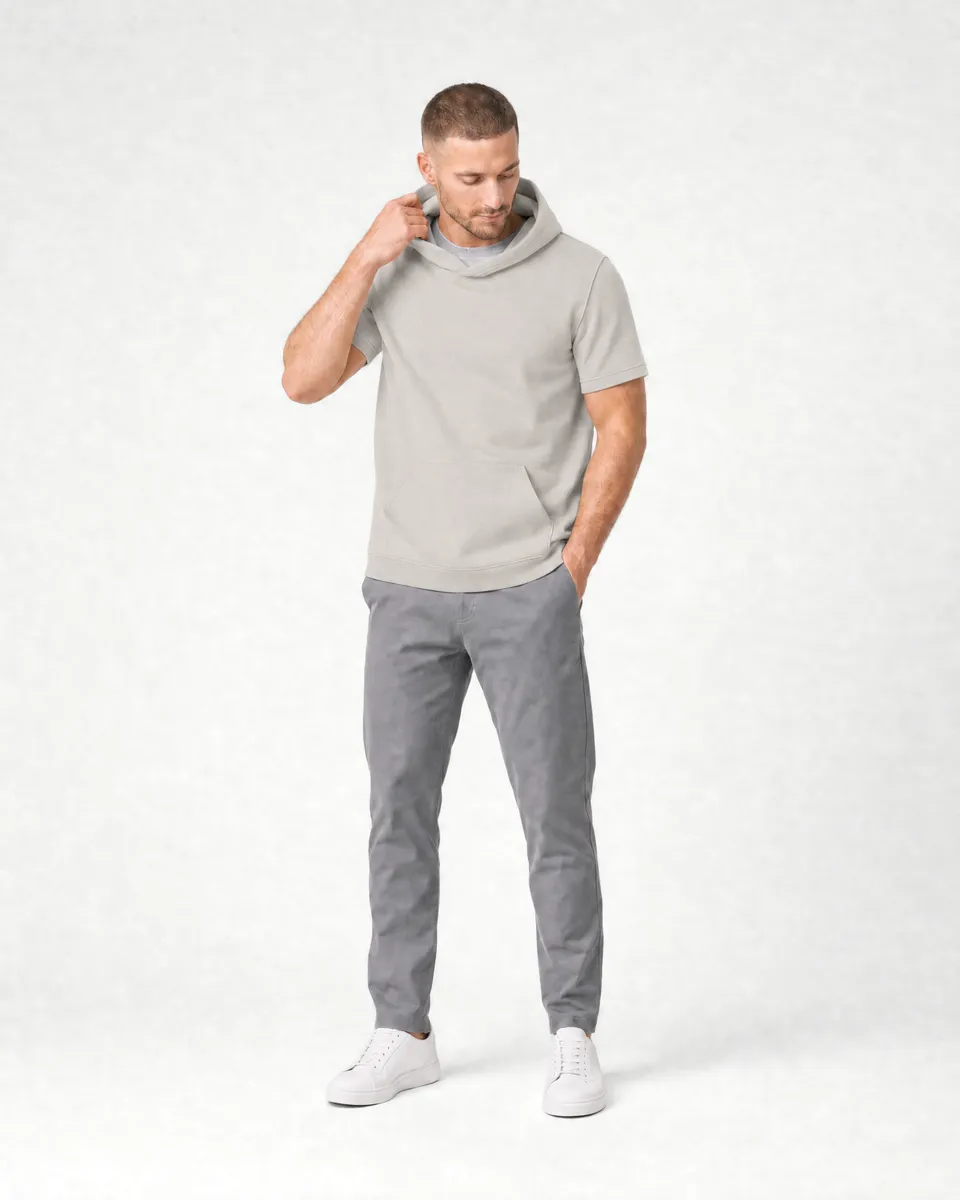 StringKing Men's Pima Terry Short Sleeve Hoodie - Relaxed Fit, Moonstruck, Collar Shoulder - Human Model