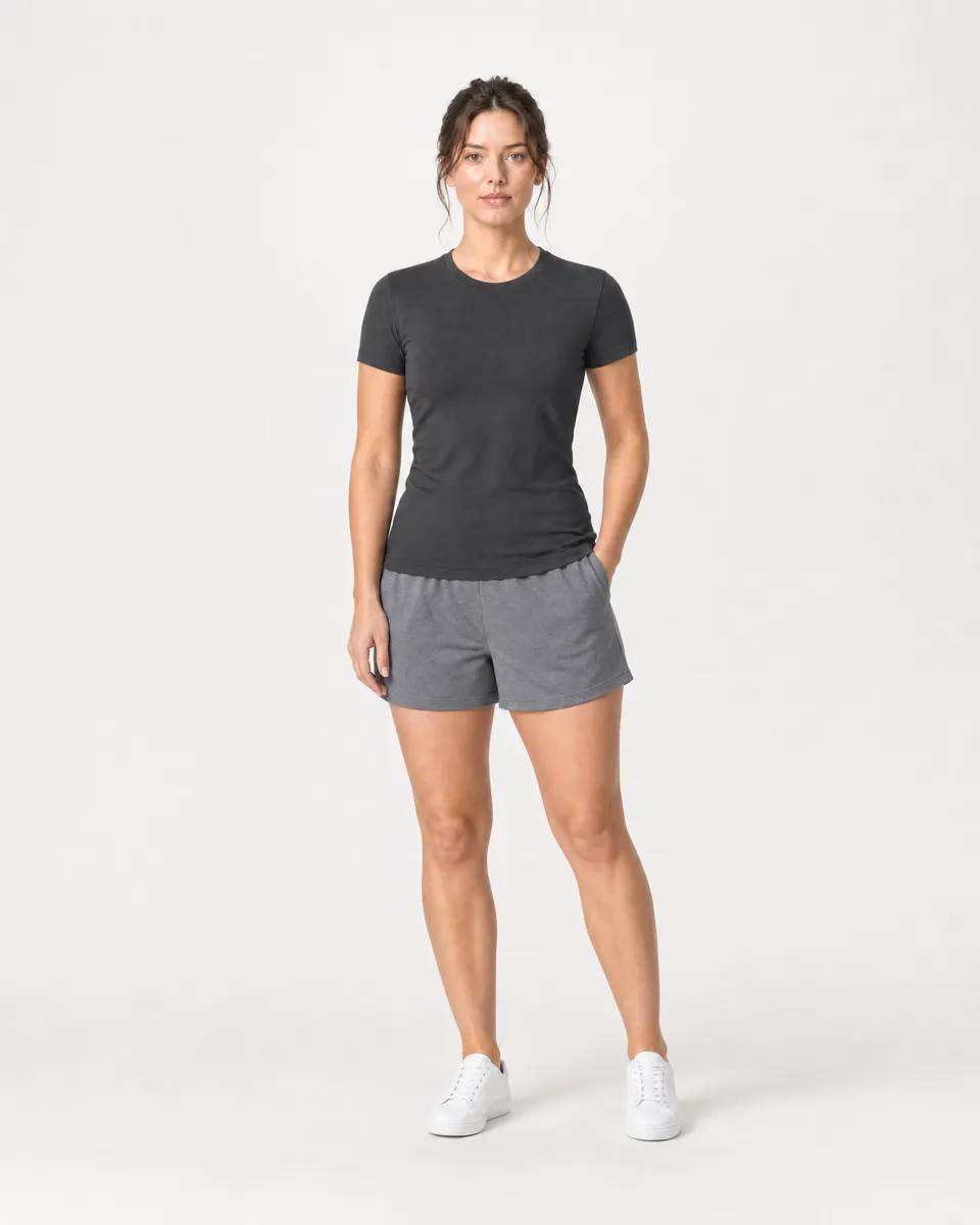 StringKing Women's Pima Jersey Tee - Sharp Fit, Black, Full Front - Human Model - Top of head to Knees