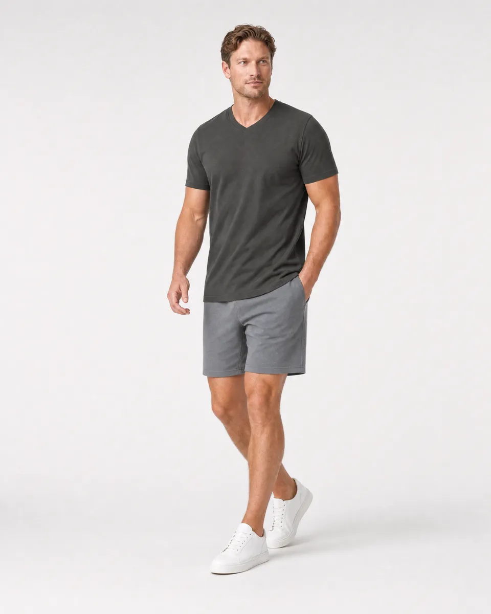 StringKing Men's Pima Terry V-Neck Tee - Relaxed Fit, Peat, Collar Shoulder - Human Model