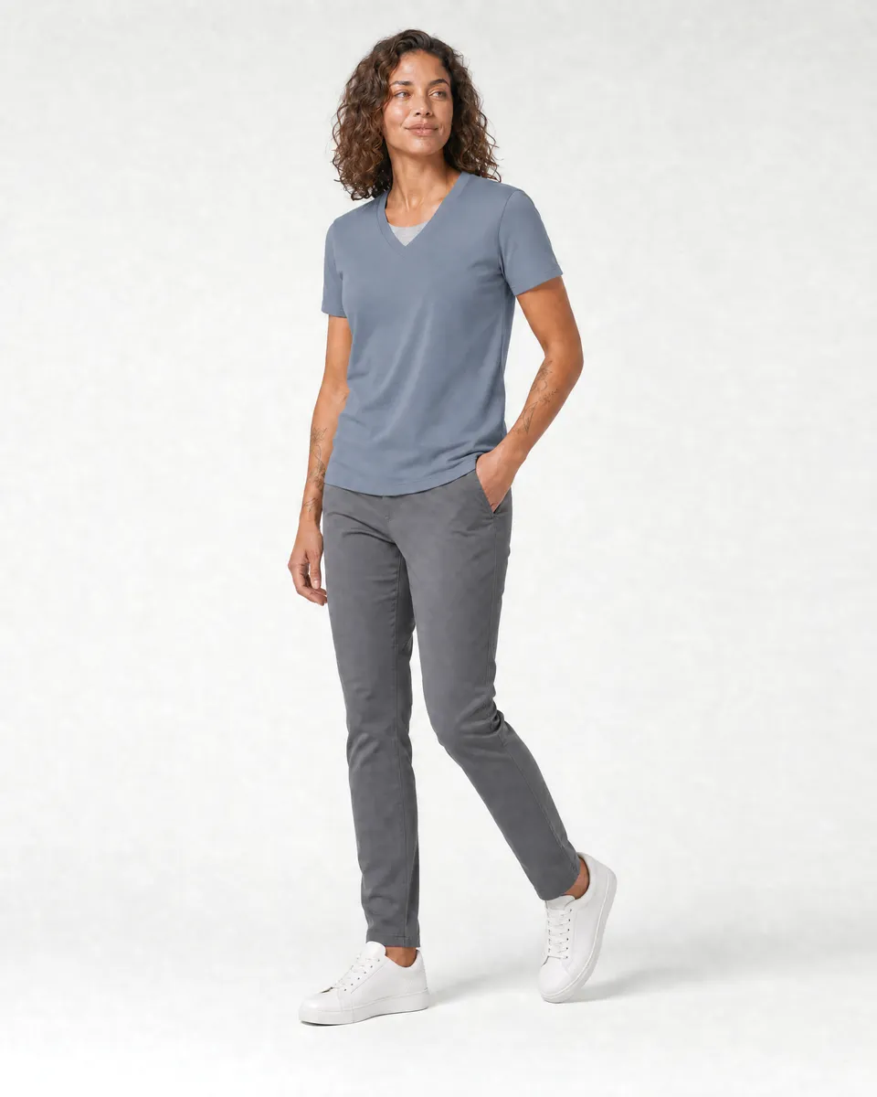 StringKing Women's Pima Terry V-Neck Tee - Sharp Fit, Tradewinds, Full Front Angle - Human Model
