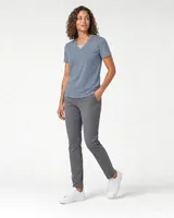 StringKing Women's Pima Terry V-Neck Tee - Sharp Fit, Tradewinds, Full Front Angle - Human Model