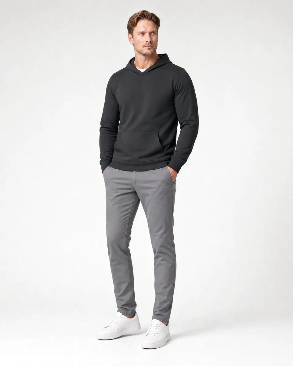 StringKing Men's StayWarm Hoodie - Relaxed Fit, Black, Full Front - Human Model - Top of head to Knees