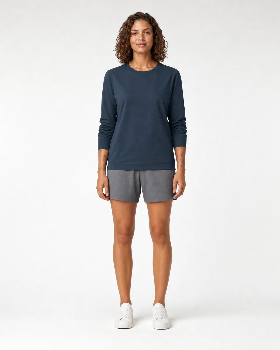StringKing Women's Pima Terry Long Sleeve Tee - Relaxed Fit, Navy, Full Front - Human Model