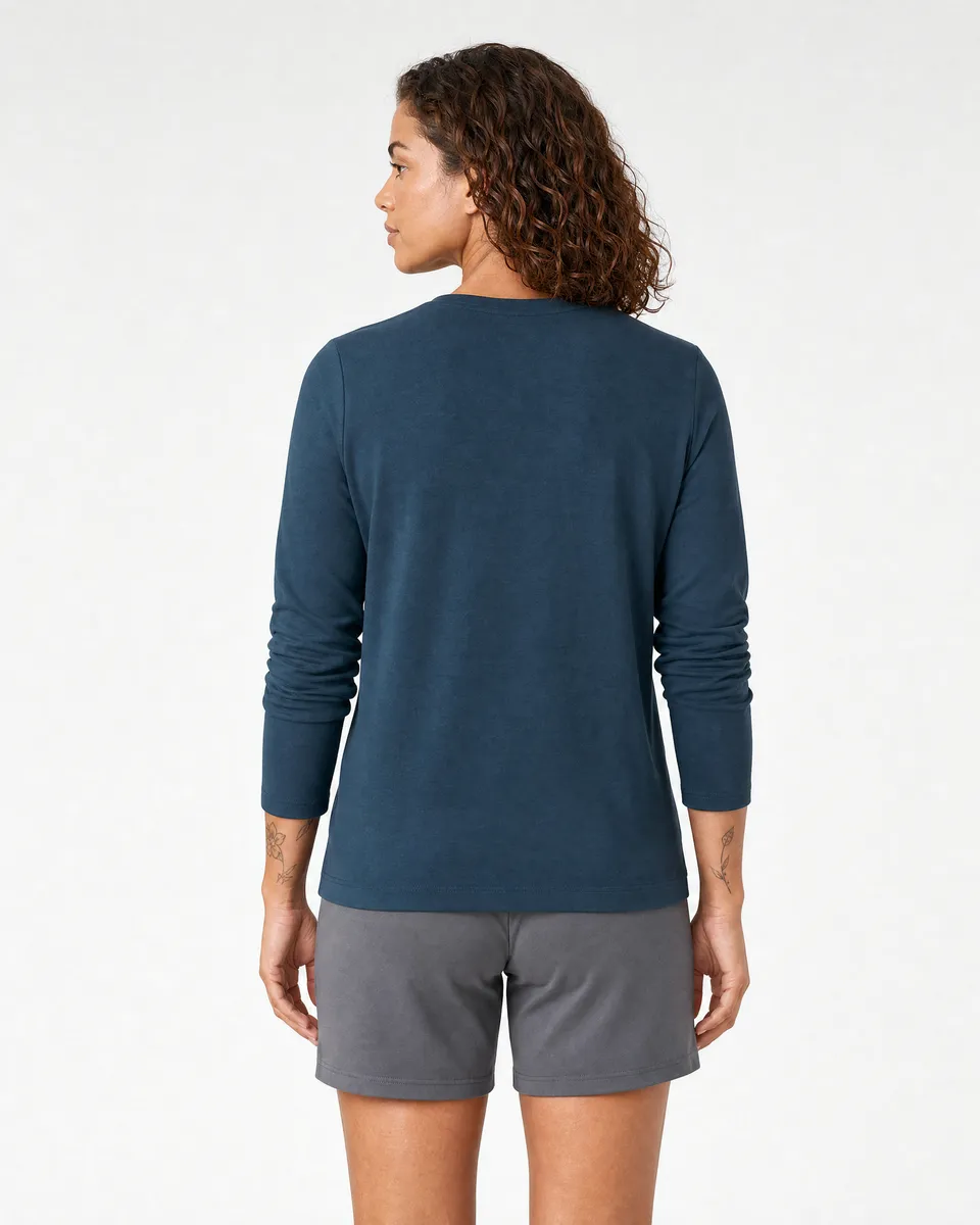 StringKing Women's Pima Terry Long Sleeve Tee - Relaxed Fit, Navy, Full Back - Human Model - Top of head to Mid-thigh