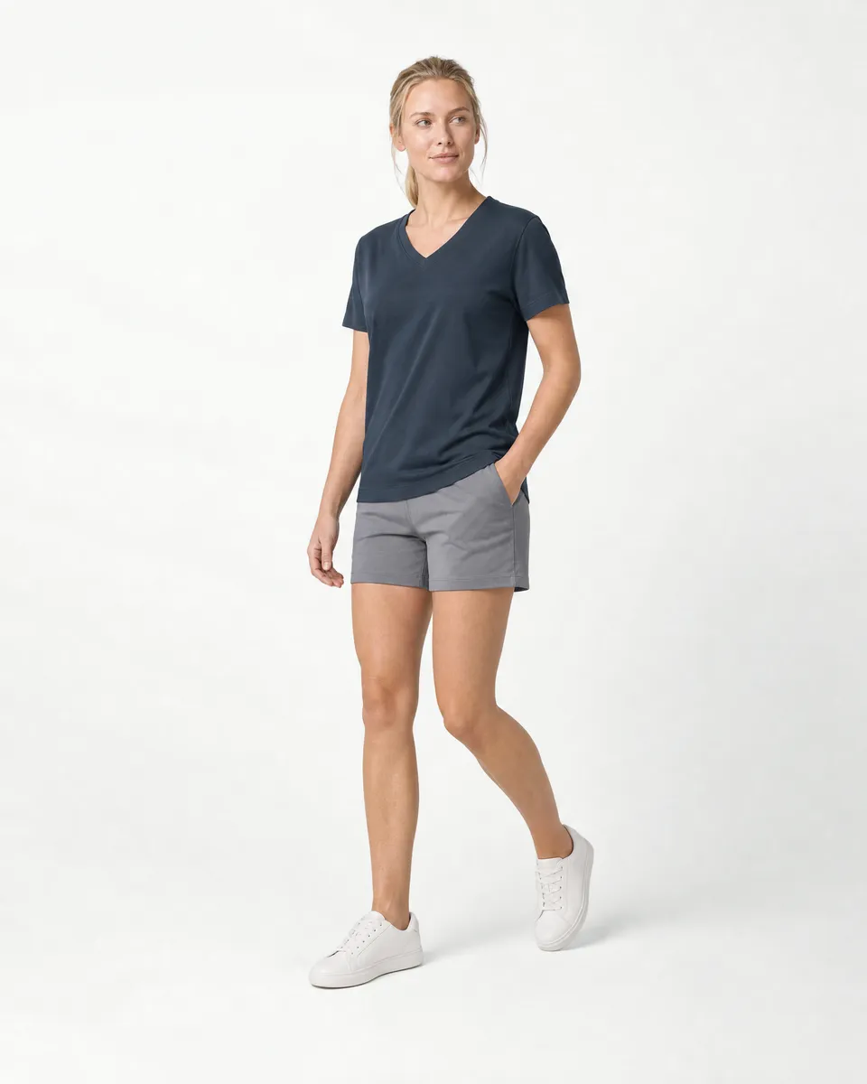 StringKing Women's Pima Terry V-Neck Tee - Relaxed Fit, Navy, Full Front Angle - Human Model