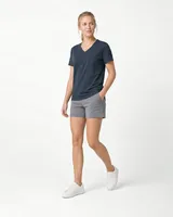 StringKing Women's Pima Terry V-Neck Tee - Relaxed Fit, Navy, Full Front Angle - Human Model