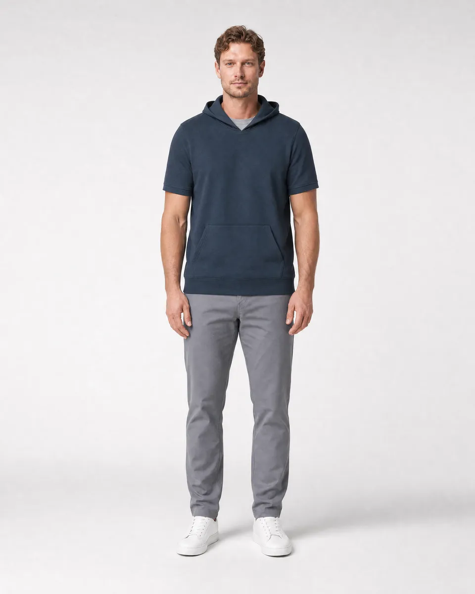 StringKing Men's Pima Terry Short Sleeve Hoodie - Sharp Fit, Navy, Full Front - Human Model