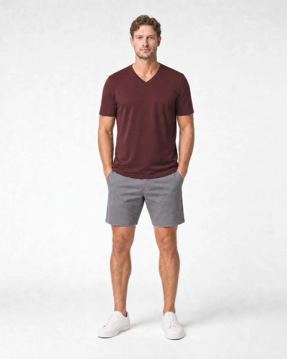 StringKing Men's Pima Jersey V-Neck Tee - Sharp Fit, New Maroon, Full Front - Human Model