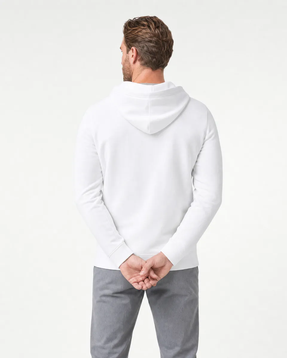StringKing Men's Pima Terry Hoodie - Sharp Fit, White, Full Back - Human Model - Top of head to Mid-thigh