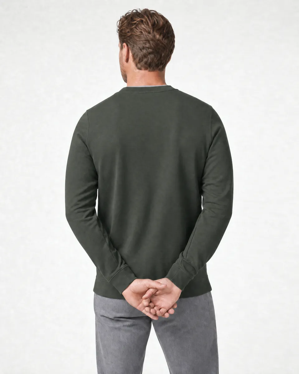 StringKing Men's Pima Terry Henley - Relaxed Fit, Moss, Full Back - Human Model - Top of head to Mid-thigh