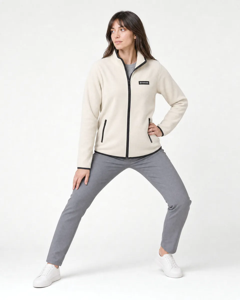 StringKing Women's Polartec Fleece Full Zip with Pockets - Relaxed Fit, Jet Stream, Full Front Angle - Human Model