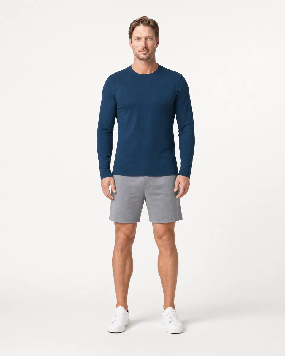 StringKing Men's StayWarm Long Sleeve Tee - Sharp Fit, Navy Blue, Full Front - Human Model