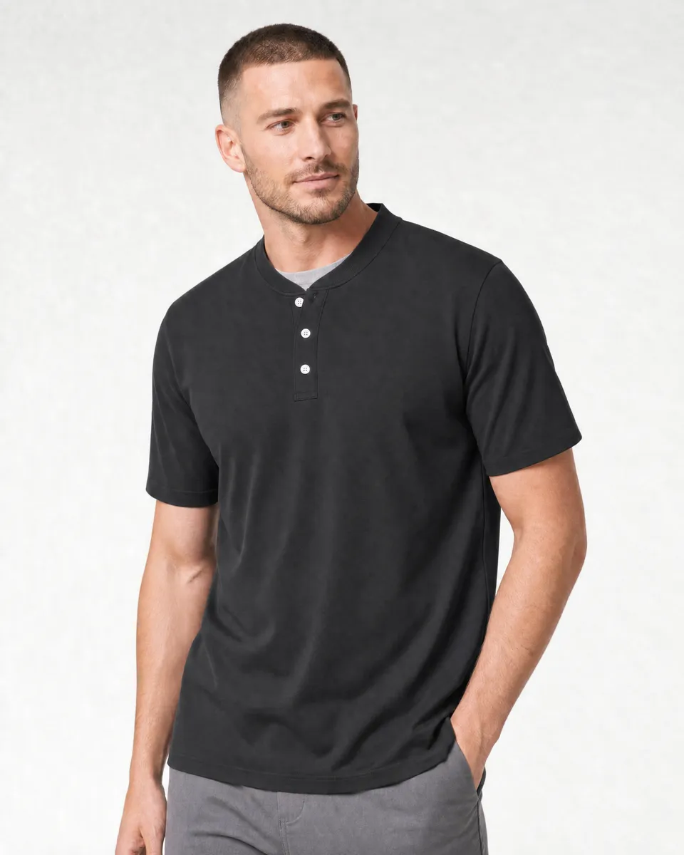 StringKing Men's Pima Jersey Short Sleeve Henley - Relaxed Fit, Black, Collar Shoulder - Human Model