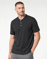 StringKing Men's Pima Jersey Short Sleeve Henley - Relaxed Fit, Black, Collar Shoulder - Human Model