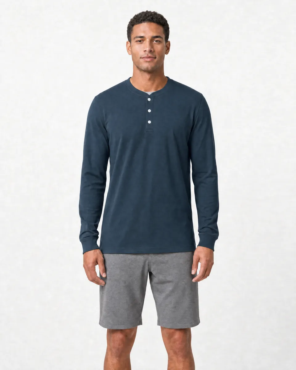 StringKing Men's Pima Jersey Henley - Sharp Fit, Navy, Full Front - Human Model - Top of head to Knees