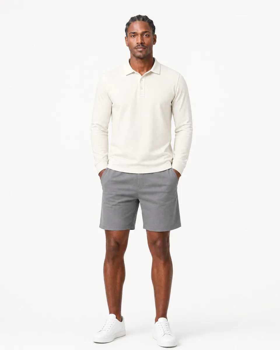 StringKing Men's Pima Jersey Long Sleeve Polo - Sharp Fit, Tofu, Full Front - Human Model - Top of head to Knees