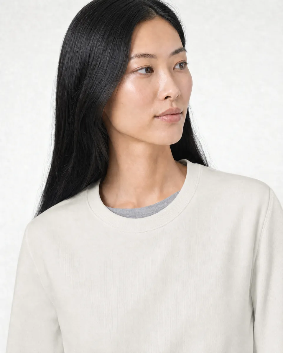 StringKing Women's Pima Terry Crew Sweater - Sharp Fit, Tofu, Collar Shoulder - Human Model