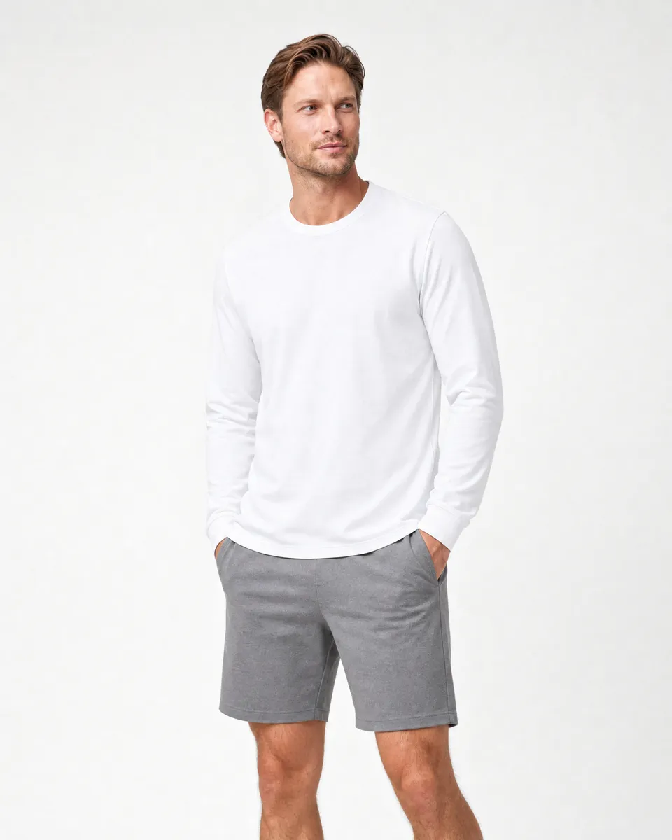 StringKing Men's Pima Jersey Long Sleeve Tee - Relaxed Fit, White, Full Front - Human Model - Top of head to Knees