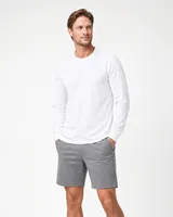 StringKing Men's Pima Jersey Long Sleeve Tee - Relaxed Fit, White, Full Front - Human Model - Top of head to Knees