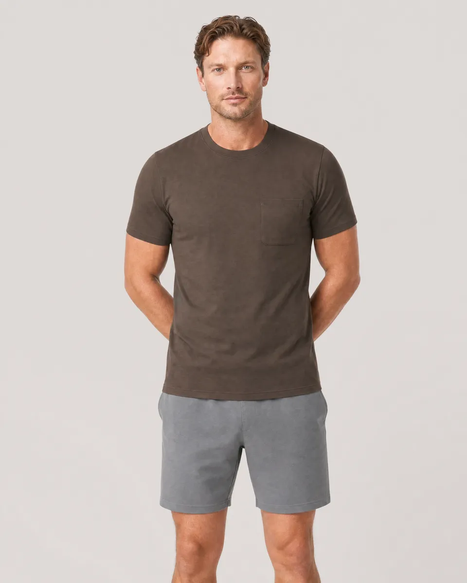 StringKing Men's Pima Jersey Pocket Tee - Sharp Fit, Wren, Full Front - Human Model - Top of head to Knees