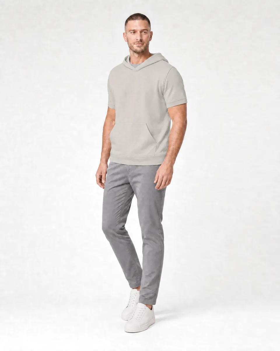 StringKing Men's Pima Terry Short Sleeve Hoodie - Relaxed Fit, Moonstruck, Full Front Angle - Human Model