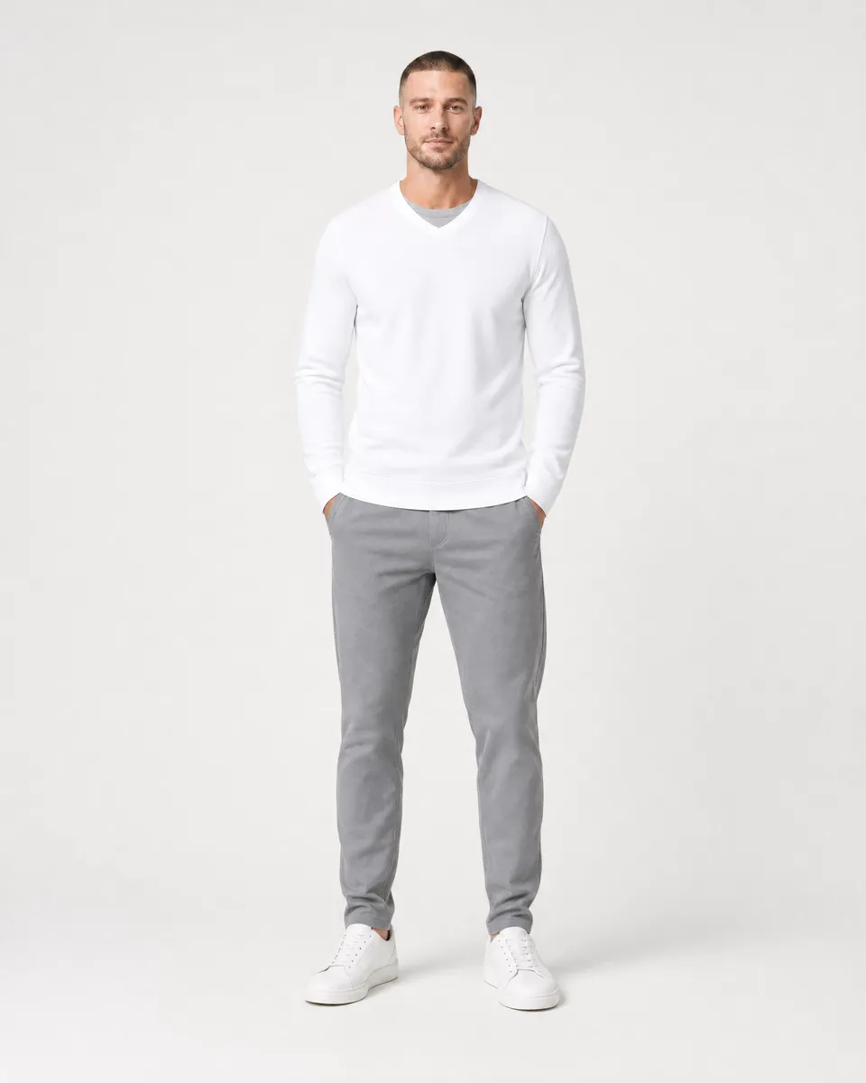 StringKing Men's Pima Terry V-Neck Sweater - Sharp Fit, White, Full Front - Human Model