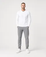 StringKing Men's Pima Terry V-Neck Sweater - Sharp Fit, White, Full Front - Human Model