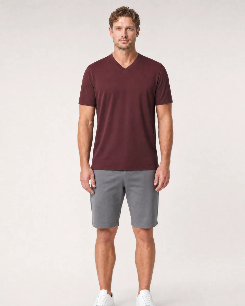 StringKing Men's Pima Jersey V-Neck Tee - Sharp Fit, New Maroon, Full Front - Human Model - Top of head to Knees