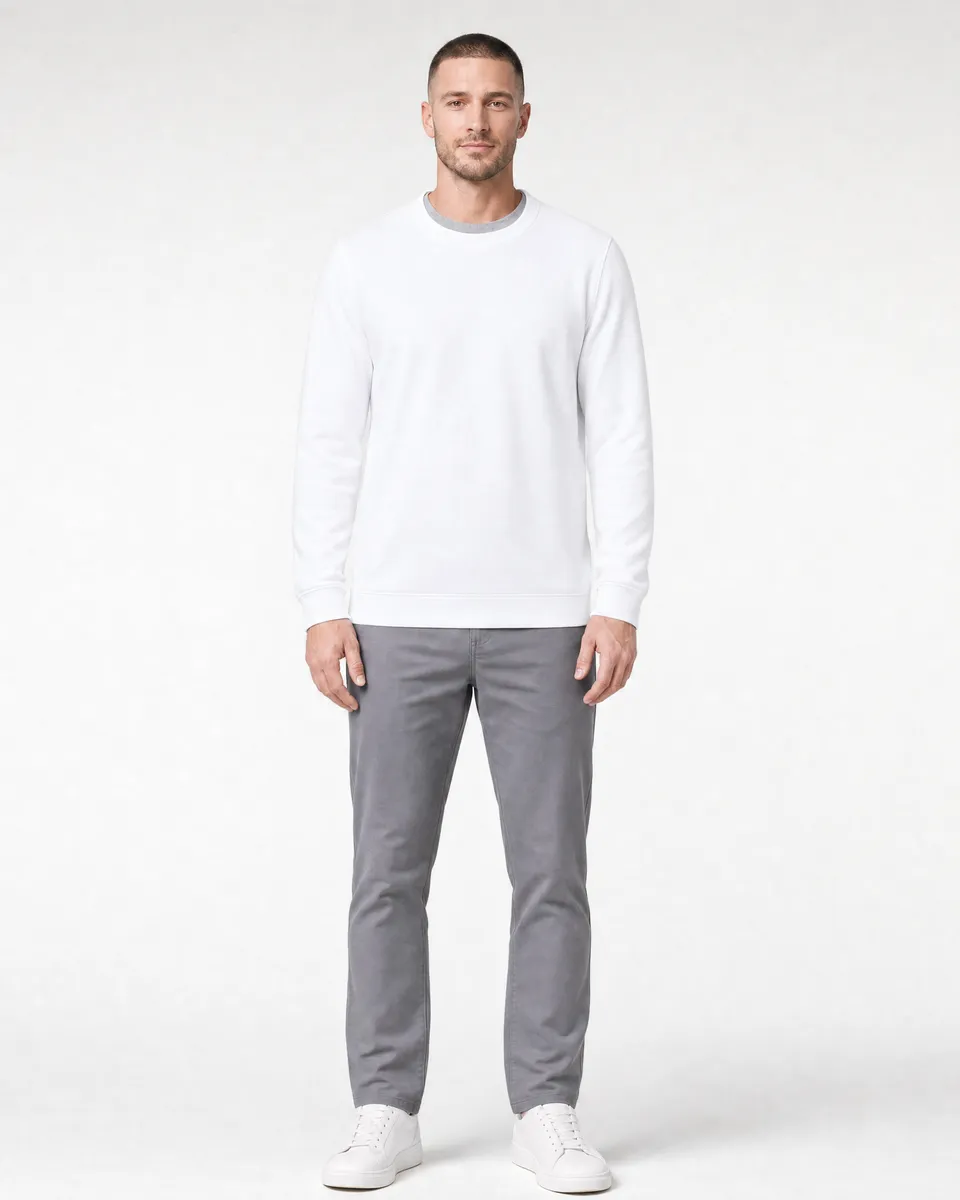 StringKing Men's Pima Terry Crew Sweater - Relaxed Fit, White, Full Front - Human Model - Top of head to Knees