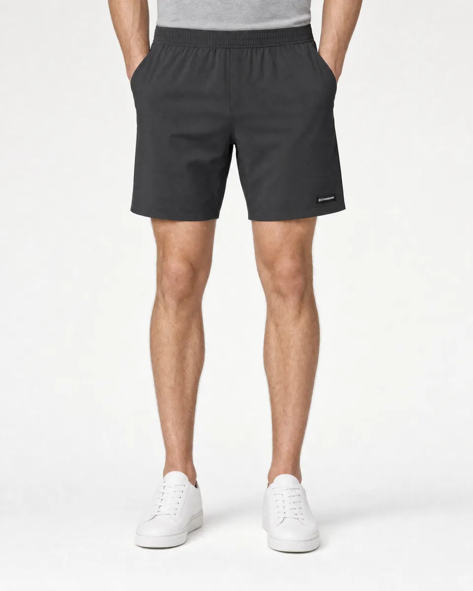 StringKing Men's Nylon Flex Shorts - Sharp Fit, Black, Full Front - Human Model - Waist to Mid-calf
