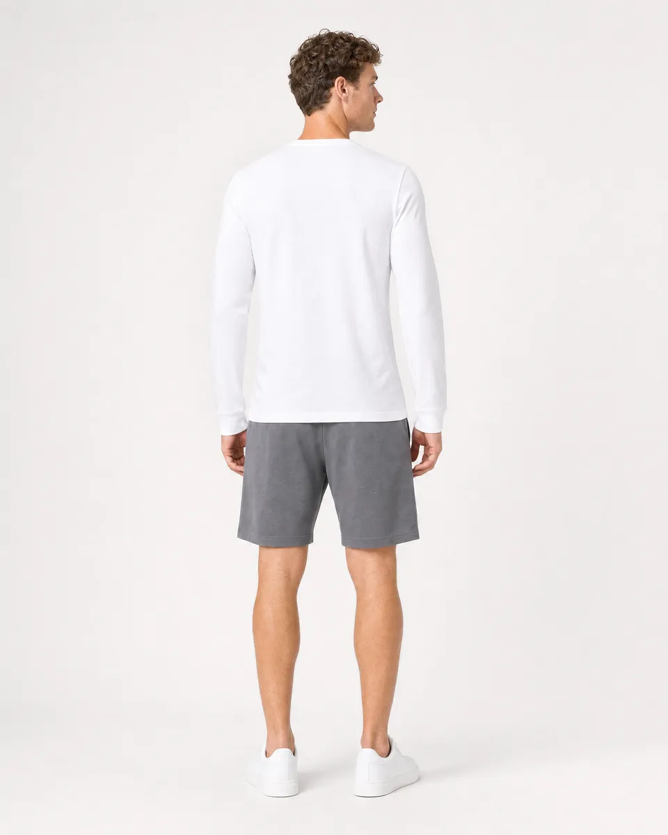 StringKing Men's Pima Jersey Long Sleeve Pocket Tee - Sharp Fit, White, Full Back - Human Model - Top of head to Mid-thigh