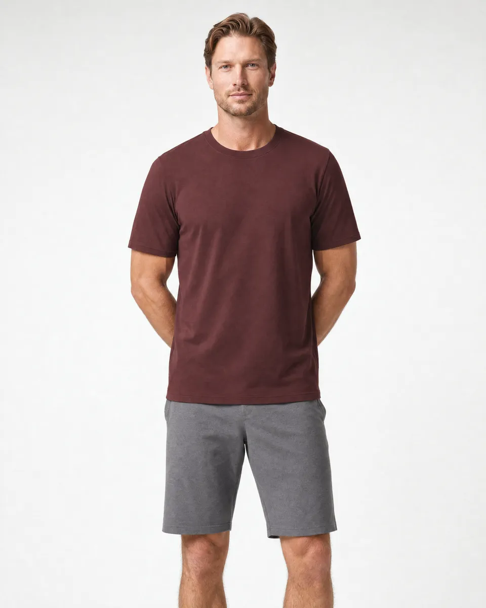 StringKing Men's Pima Jersey Tee - Relaxed Fit, New Maroon, Full Front - Human Model - Top of head to Knees