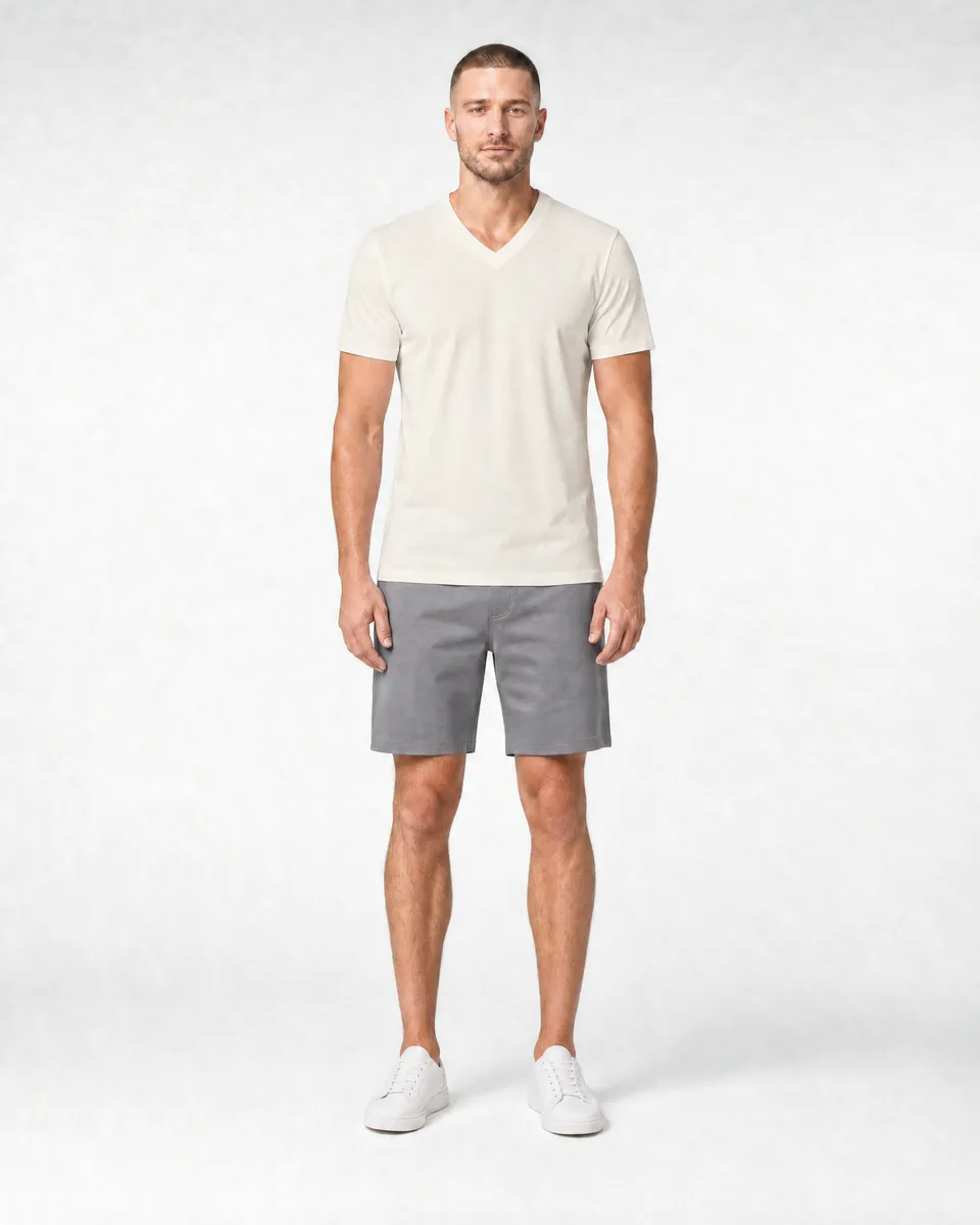 StringKing Men's Pima Jersey V-Neck Tee - Sharp Fit, Tofu, Full Front - Human Model