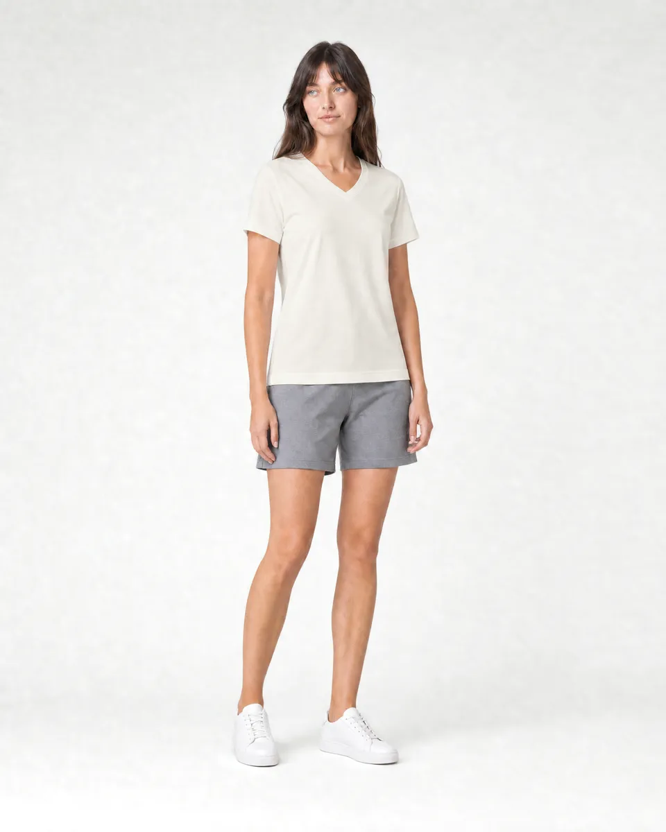 StringKing Women's Pima Jersey V-Neck Tee - Relaxed Fit, Tofu, Full Front Angle - Human Model