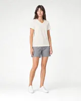 StringKing Women's Pima Jersey V-Neck Tee - Relaxed Fit, Tofu, Full Front Angle - Human Model