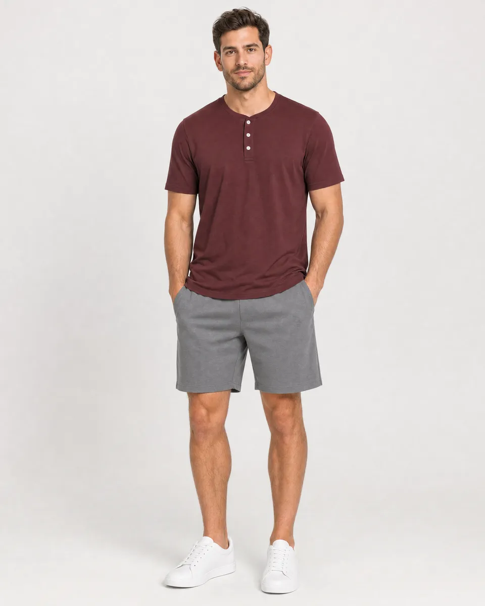 StringKing Men's Pima Jersey Short Sleeve Henley - Sharp Fit, New Maroon, Full Front - Human Model - Top of head to Knees